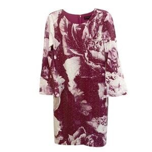 Donna Karan New York Dress Plum Purple White Floral Sequin Flare Sleeve Size 6